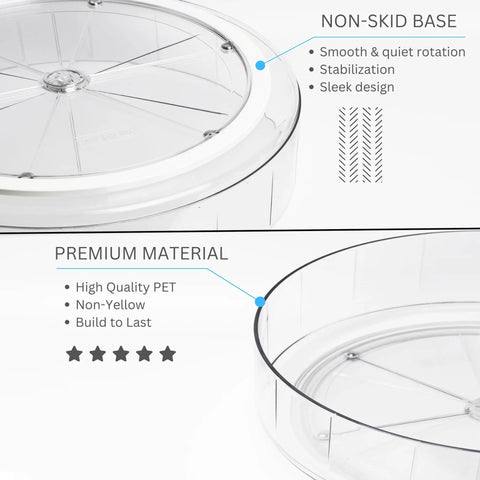 Close-up of Clear Two Pack Rotating Lazy Susan Organizers with non-skid base, showcasing premium PET material and sleek design.