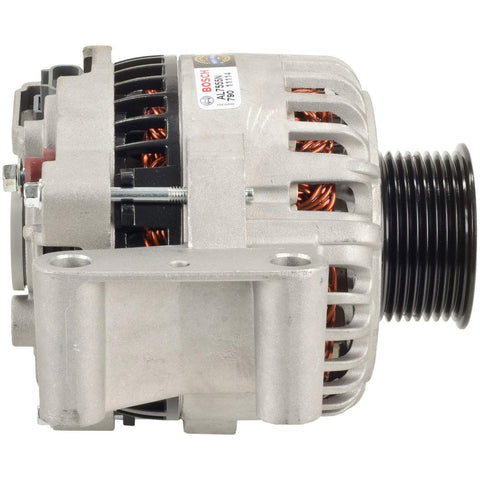 Side view of Beefed Up 110 Amp 100 Percent New Alternator Replacement for Ford Excursion and E Series F 250-550, silver finish.