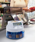 Eight Slot Coin Sorter and Counter for US Coins, Automatic Money Counter With Eight Tray Bins on retail counter