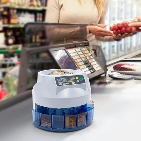 Eight Slot Coin Sorter and Counter for US Coins, Automatic Money Counter With Eight Tray Bins on retail counter