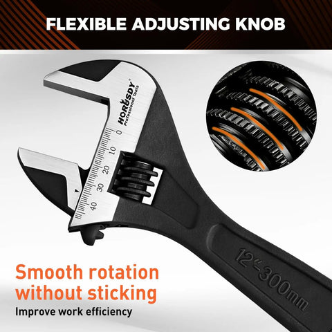 Four Piece Adjustable Wrench Set With 6, 8, 10, 12 Inch Wide Jaw Spanners Black Oxide CRV Steel close-up of 12-inch wrench.