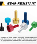 Colorful knurled thumb screws on display showcasing wear resistance and smooth surface for various electronics surfaces.