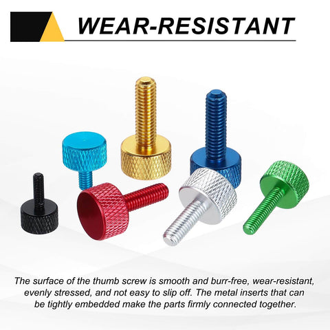 Colorful knurled thumb screws on display showcasing wear resistance and smooth surface for various electronics surfaces.