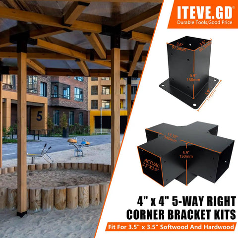 Pergola Diy Kit 4x4 With 5 Way Wood Bracket And Post Anchor, Black Powder Coated Elevated Wood Stand For Beams, Perfect For Pergolas And Gazebos, Inner Size 3.5x3.5, Heavy Duty Steel Frame