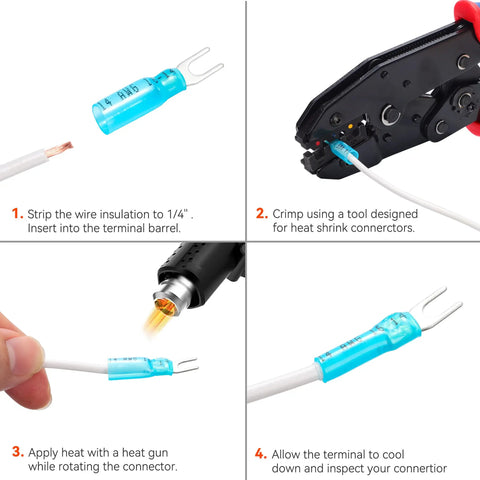 Installation guide for 100 Pcs Blue No 8 Heat Shrink Fork And Spade Wire Connectors Kit 16-14 Gauge Tinned Red Copper Automotive Crimp