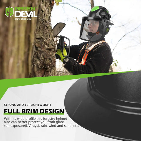 Forestry worker wearing Heavy Duty Chainsaw Helmet With Face Shield Built In Visor And Ear Muffs 4 In 1 System ANSI Z89.1 Safety Hard Hat