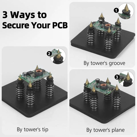 3 ways to secure PCB with Magnetic PCB Holder Set For Soldering Dope 4 Piece Magnetic Base Pillar Stands for electronics repair.