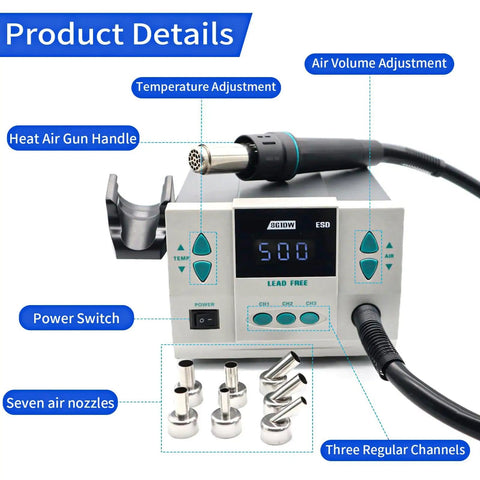 Beast 1000W Digital Hot Air Rework Station With Sleep Mode Three Programmable Channels Seven Nozzles 110V Desoldering Gun close-up