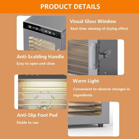 Big Batch Electric Food Dehydrator With 16 Trays Sick Beef Jerky Dryer For Fruits Veggies Herbs And Meats 1350 Watt showing glass window, anti-scalding handle, warm light, and anti-slip foot pad.