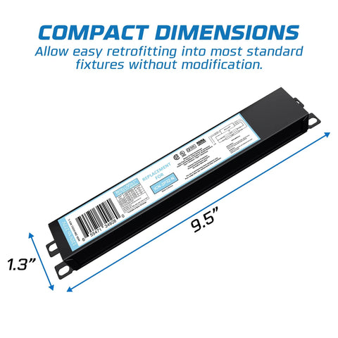 Ten Pack Replacement For ICN 4P32 SC 3 And 4 Lamp T8 Fluorescent Electronic Ballast 120 To 277 Volt compact dimensions shown