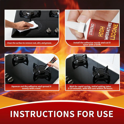 Instructions showing how to apply High Temperature Silicone Sealant For Ovens And Microwaves Black Heavy Duty Heat Resistant Adhesive