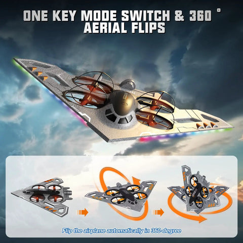 Three In One RC Jet Plane Ready To Fly Remote Control Airplane showing aerial flips and mode switching in flight.