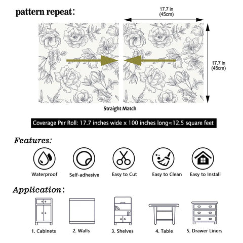 Black And White Vintage Floral Wallpaper Peel And Stick Roll 17.7 Inch Wide By 236 Inch Long For Walls Cabinets Bedroom Living Room Matte Vinyl Self Adhesive Peony Flower Decor pattern repeat and application features