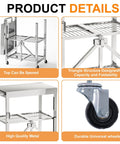 Slick Stainless Steel Folding Kitchen Cart Rock Solid Three Tier Rolling Utility Station with grippy locking wheels, showcasing foldable design and sturdy high-quality metal.