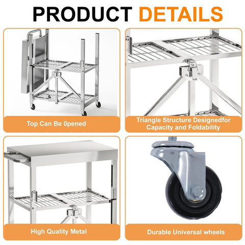 Slick Stainless Steel Folding Kitchen Cart Rock Solid Three Tier Rolling Utility Station with grippy locking wheels, showcasing foldable design and sturdy high-quality metal.