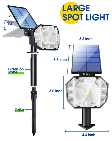 Diagram of 4 Pack 30 LED Solar Spot Lights Outdoor With Adjustable Panels IP67 Waterproof showcasing dimensions and features.