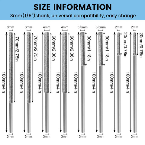 Diagram showing measurements of Diamond Burr Set For Carving And Engraving, Pro Grade 8 Piece Long Shank Diamond Grinding Bits For Dremel Rotary Tools.