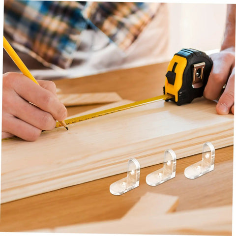 10 Pcs Clear Acrylic Corner Brackets For Furniture Reinforcement displayed on wooden table with measuring tape in background