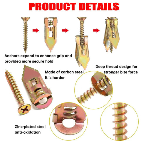 Product details of Self Drilling Drywall Anchors and Screws Kit, 210-Piece Heavy Duty Zinc Plated Steel Expansion Anchors