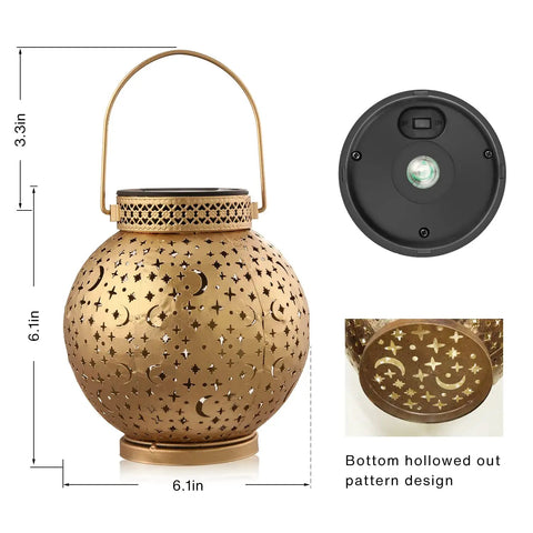 Outdoor Solar Lanterns 2 Pack Waterproof Hanging LED Lights With Metal Star Moon Sun Pattern shown with size dimensions