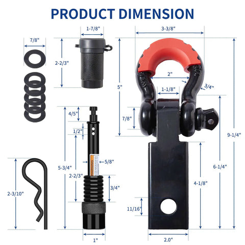 Product dimensions of Shackle Hitch Receiver Two Inch With Three Quarter Inch D Ring Shackle And Five Eighth Inch Trailer Hitch Pin Lock 45000 Lbs Break Strength Heavy Duty Receiver Kit Weatherproof Anti Theft Lockable Towing Recovery Kit