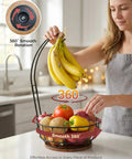 Smooth Spinning 360 Degree Rotating Fruit Bowl With Hefty Capacity Deep Basket And Solid Banana Stand For Kitchen Counter Organization and absolutely slick everyday utility featuring bananas and assorted fruits.