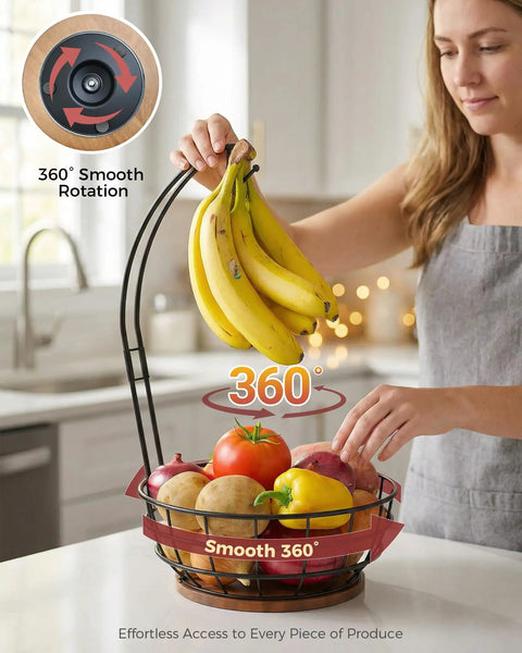 Smooth Spinning 360 Degree Rotating Fruit Bowl With Hefty Capacity Deep Basket And Solid Banana Stand For Kitchen Counter Organization and absolutely slick everyday utility featuring bananas and assorted fruits.