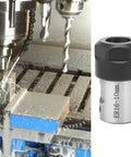 ER16 Collet Block Chuck Holder For CNC Milling Machines next to a milling setup, showcasing heavy duty 10mm tool bar, 35L length.