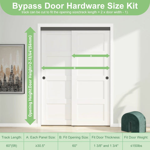 Heavy Duty Aluminum Bypass Door Hardware Kit For Sliding Closet Doors With Double Closing Track And Finger Pull Smooth Quiet Operation Fits Door Thickness 1 3 8 Inch Or 1 3 4 Inch Includes 5 Foot Track Black Finish installed view