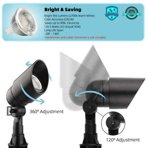 Six Pack 12V 5W LED Landscape Lights, 450 Lumen Warm White 2700K, adjustable low voltage spotlight with black finish and aluminum housing