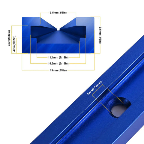 Premium Dope T Tracks For Woodworking Heavy Duty 6063 Aluminum 48 Inch Blue Set detail with measurements and screw holes