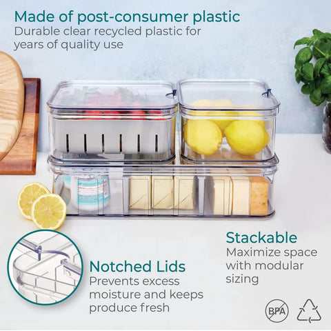 Three Piece Refrigerator Organizer Set with Lids for Fresh Produce and Storage, clear and gray bins on counter with lemons and cheese