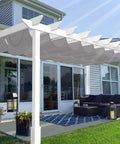 7 Ft W X 16 Ft L Retractable Pergola Shade Cover installed over patio with 240GSM fabric, light grey color, on slide on wire cable