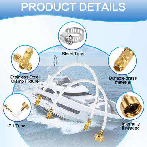 Leak-Proof Marine Hydraulic Steering Bleed Kit with brass fittings and gasket, showing bleed tube, stainless steel clamp, fill tube