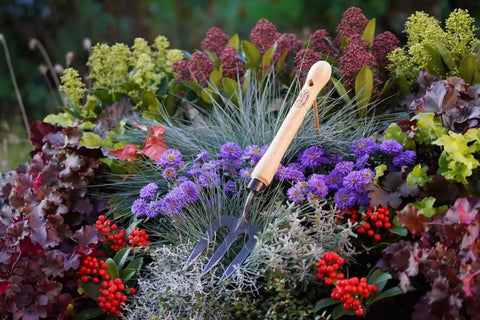 Mid Size Garden Fork For Loosening And Aerating Soil With Hardened Boron Steel Tines And Ash Hardwood Handle in flower bed