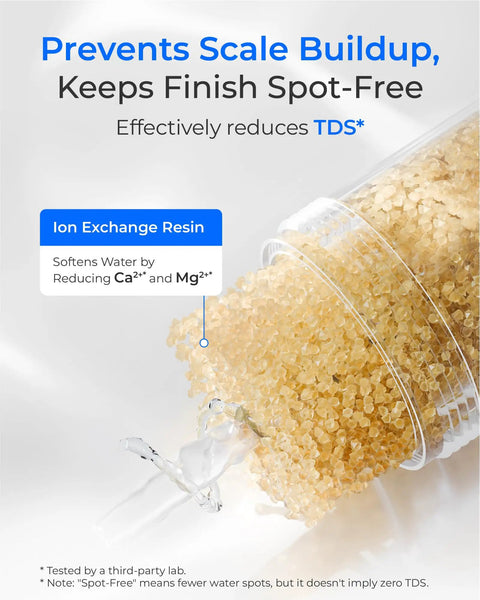 Ion exchange resin pouring from container, part of Hard Water Filter For Hose Car Wash And Window Cleaning Water Deionizer For Cars Boats And More Softens Water Keeps Scale At Bay And Delivers A Spot Free Finish 4 Pack With 2 Hose Protectors.