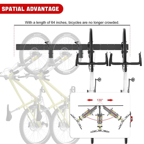 Swivel Bike Storage Rack For Tight Spaces, Adjustable Wall Mounted Garage Bike Rack, demonstrated with two bikes in vertical position.