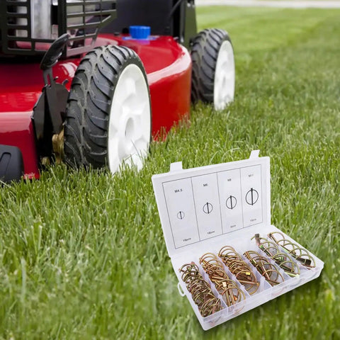 Dowel Pin Set With 50 Pieces And Four Sizes Heavy Duty Safety Spring Pins With Locking Rings shown with lawn mower