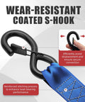 Close-up of coated S-hook on Heavy Duty 2 Inch By 10 Foot Retractable Ratchet Straps Set 4500 Lbs Load Rating Blue Tie Down Straps.