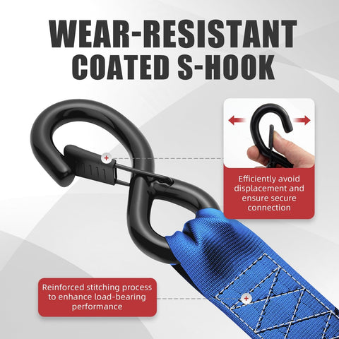 Close-up of coated S-hook on Heavy Duty 2 Inch By 10 Foot Retractable Ratchet Straps Set 4500 Lbs Load Rating Blue Tie Down Straps.