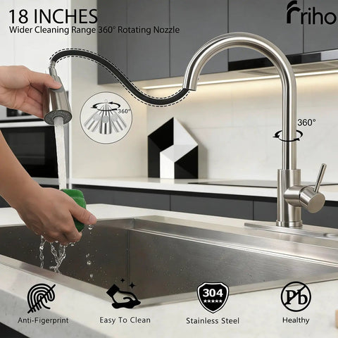 Top Shelf Brushed Nickel Kitchen Faucet With Smooth Pull Down Sprayer And High Arc Single Handle Lever Corrosion Resistant Stainless Steel Body, 18 Inch with 360° nozzle.