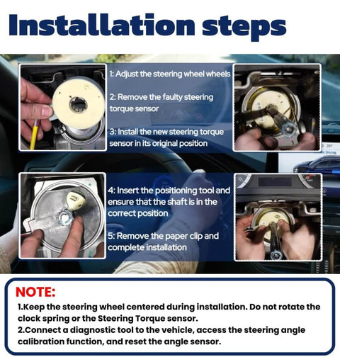 Installation steps for steering torque sensor replacement including alignment tool use for Ford Escape and Mercury Mariner 2008-2012