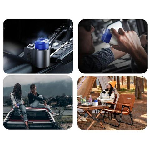 Smart Car Cup Cooler And Heater With One Touch Temp Control Ultimate Ride Game Beverage Warmer in vehicle and outdoor settings.