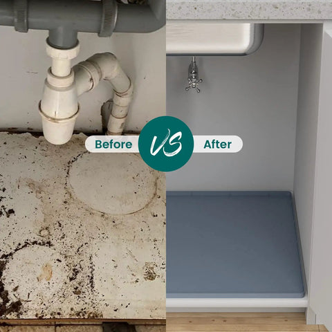 Before and after use of Silicone 28x22 Inch Under Sink Tray, Waterproof Flexible Cabinet Liner For Kitchen Bathroom And Laundry
