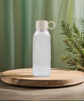 Leakproof Sports Water Bottle With Handle For On The Go Hydration, Clear Plastic Gym Bottle On Wooden Surface, BPA Free 650ml