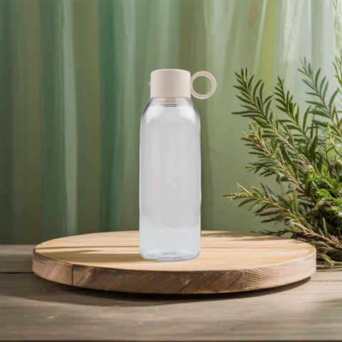 Leakproof Sports Water Bottle With Handle For On The Go Hydration, Clear Plastic Gym Bottle On Wooden Surface, BPA Free 650ml