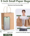 Brown Kraft Gift Bags With Handles 5.25x3.75x8 Inches 20 Pack shown with size comparison to a smartphone and person holding bags