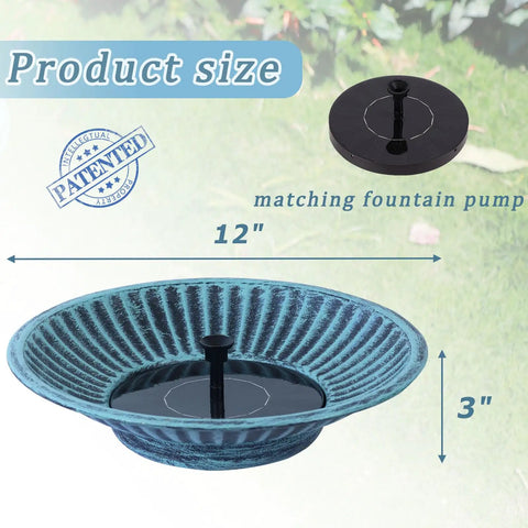 12.3 Inch Solar Fountain Bird Bath For Outdoors Metal Bird Bath Fountain For Garden And Patio Decor Blue, 12" diameter, 3" deep