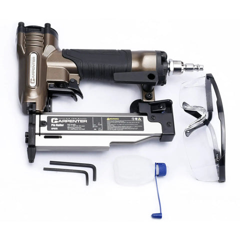 Strong Armed Pneumatic 23 Gauge Pin Nailer Forged From Hardened Aluminum with accessories, safety glasses, and maintenance tools.
