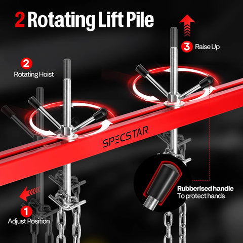 1100 Lb Engine Support Bar Transverse Hoist For Heavy Duty Engine Lifts Durable Thickened Steel With Double Beam Rust Proof Coating Resists Oil And Corrosion Wide Compatibility Across Most Vehicles And Small Engines, red rotating hoist bar with rubber handle
